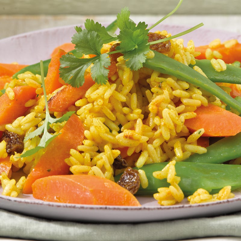 Karottenpilaw mit Zuckererbsenschoten