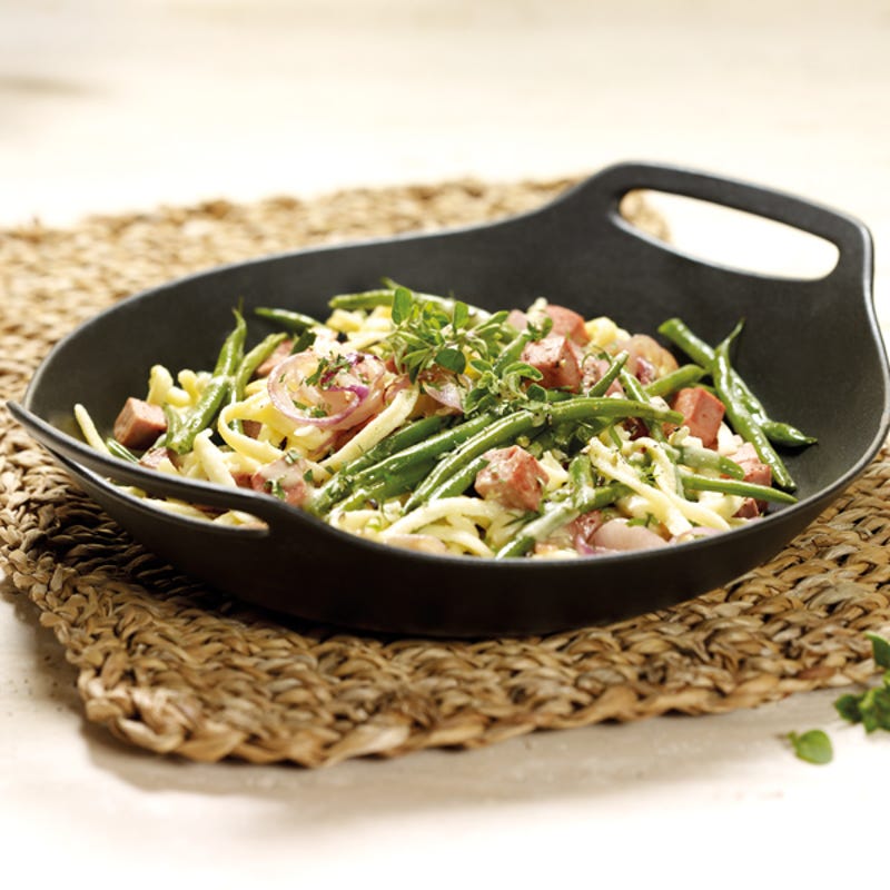 Leberkäsepfanne mit grünen Bohnen