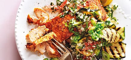 Harissa salmon with cauliflower tabbouleh