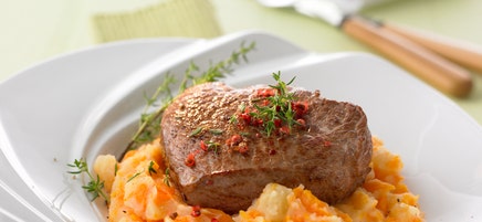 Karotten-Ingwer-Püree mit Steak