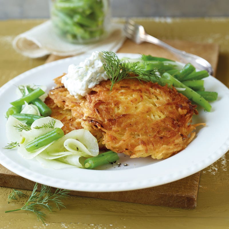 Foto Kartoffelpuffer mit Gurkencreme und Bohnensalat von WW
