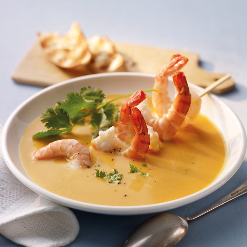 Foto Süßkartoffelsuppe mit Garnelenspießen von WW