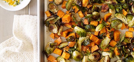 Orange-Thyme Roasted Brussels Sprouts and Sweet Potato