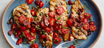 Grilled chicken with puttanesca sauce