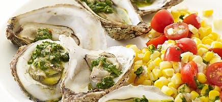 Roasted Oysters with Chimichurri and Tomato-Corn Salad