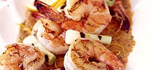 Shrimp and Scallion Skewers with Creamy Grilled Pepper Sauce