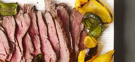 Broiled steak and peppers with easy spicy green sauce