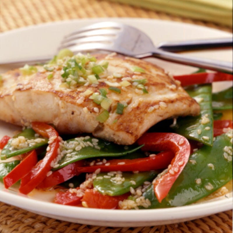 Photo of Sauteed Halibut with Snow Peas and Pineapple-Ginger Glaze by WW