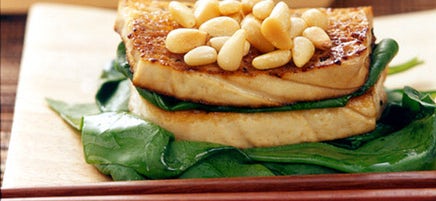 Seared Tofu with Garlic, Swiss Chard and Pine Nuts