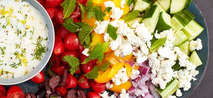 Chopped Greek salad with creamy yogurt dressing