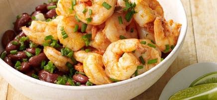 Shrimp over cumin-scented beans