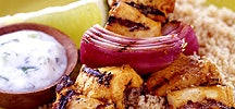 Grilled Tandoori Chicken and Red Onion Skewers with Couscous
