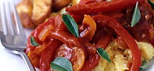 Scrambled Eggs with Pepperonata Sauce and Roasted Potatoes