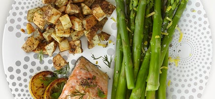 Portion Plate Salmon with Roasted Potatoes and Asparagus