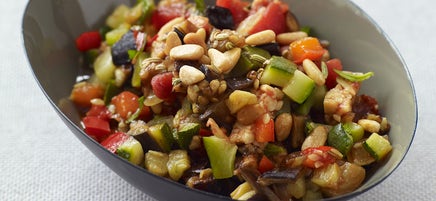 Roasted Vegetable Ratatouille with Tempeh and Pine Nuts