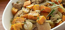 Cider-Braised Chicken Thighs with Sweet Potatoes and Sage