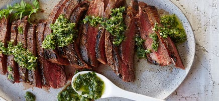 Grilled Flank Steak with Carrot Top Salsa Verde