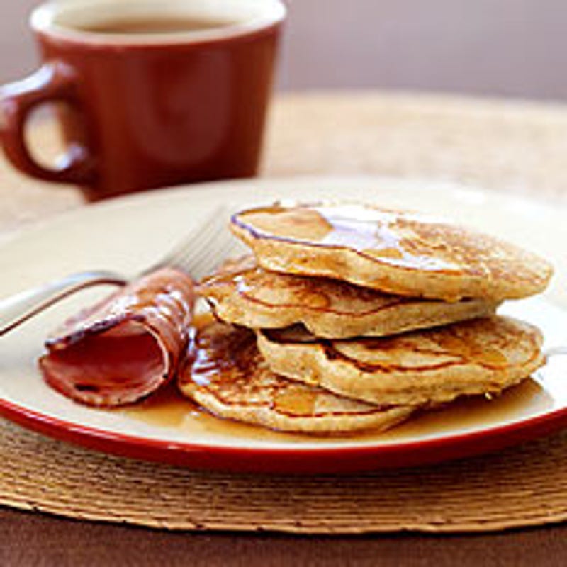 Photo of Multigrain Pancakes with Canadian Bacon and Maple Syrup by WW