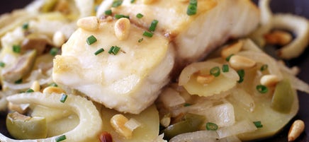 Baked Bass Over Potato-Fennel Gratin