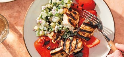 Grilled Rosemary Chicken and Red Peppers with Cucumber Relish