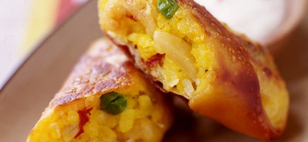 Paella Egg Rolls with Roasted Pepper Cream Sauce