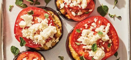 Grilled eggplant, tomato and feta stacks