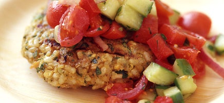 Chickpea and Brown Rice Veggie Burgers with Tomato Salad