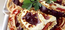 Baked Eggplant Parmigiana over Whole-Wheat Noodles