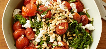 Sautéed Arugula and Tomatoes with Cheese and Pine Nuts