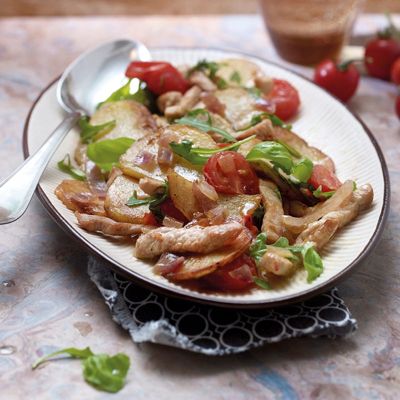Italienische Pfannenkartoffeln mit Kalbsschnitzelstreifen