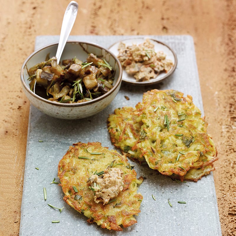 Pesto-Kartoffelküchlein mit Auberginencreme