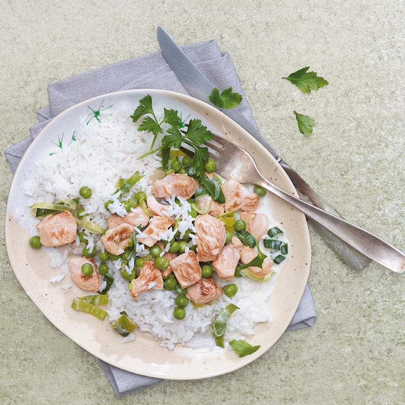 Trutenfrikassee mit Lauch und Erbsen