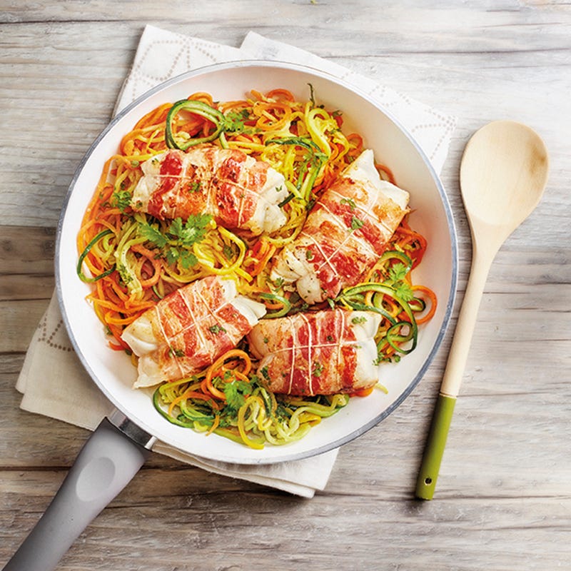Kabeljau im Speckmantel mit Gemüsespaghetti