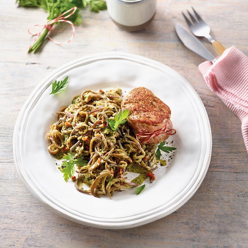Kalbsfilet mit Auberginenpasta