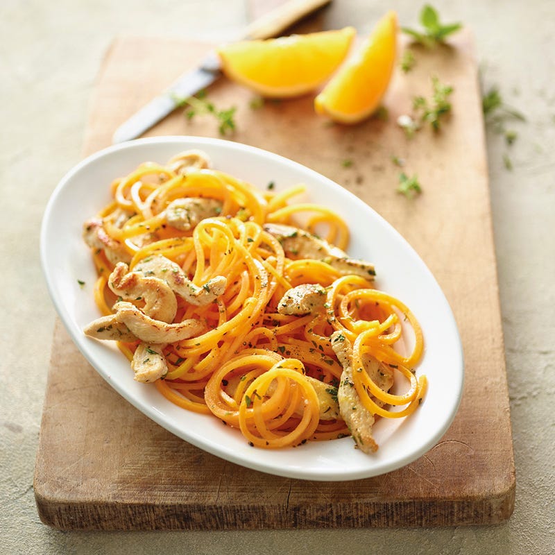 Butternutkürbis-Spaghetti mit Pouletbruststreifen