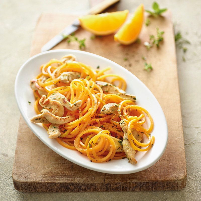 Butternutkürbis-Spaghetti mit Pouletbruststreifen