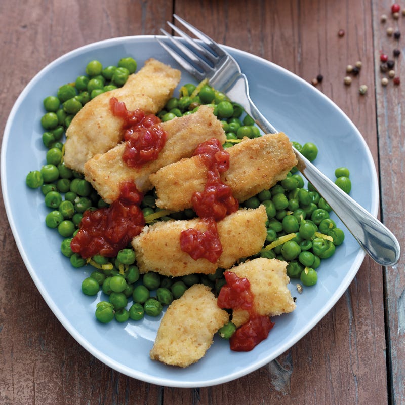 Mini-Fischstäbchen mit Zitronenerbsen