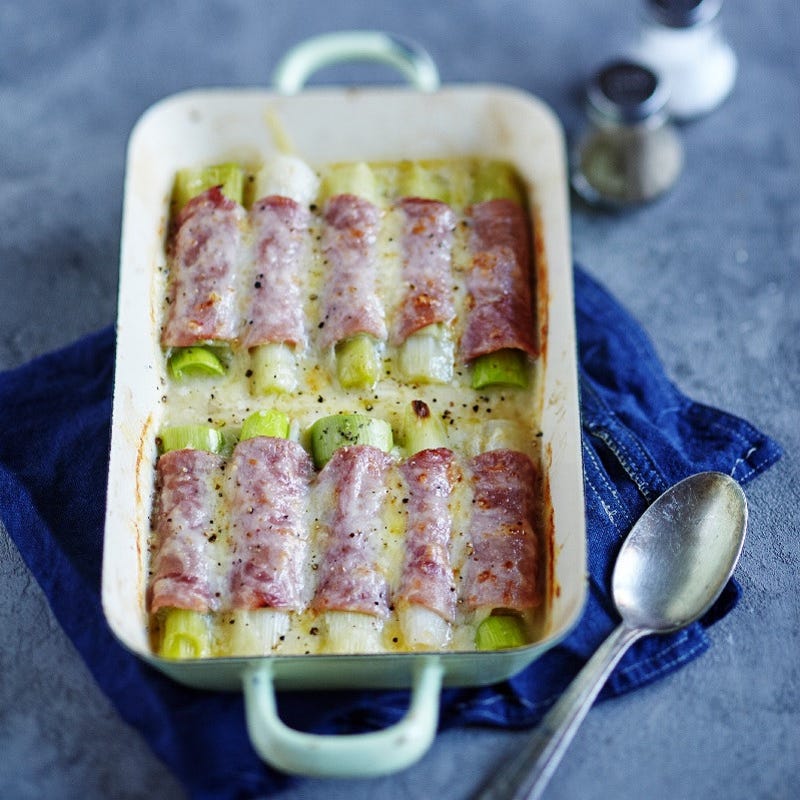 Überbackene Lauch-Schinken-Röllchen