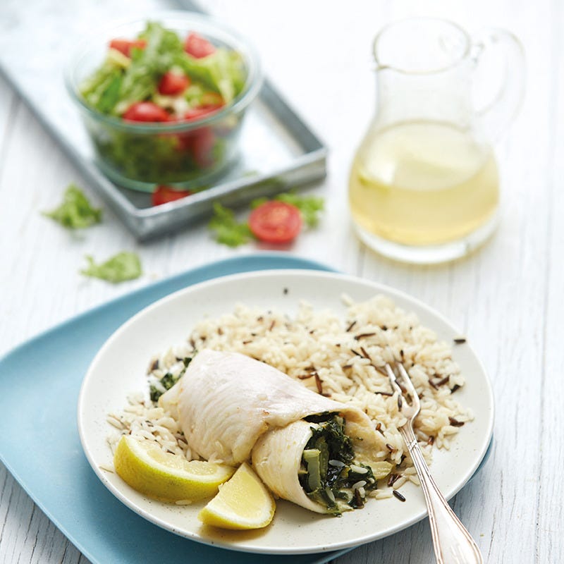 Krautstiel-Schollen-Röllchen mit Wildreis