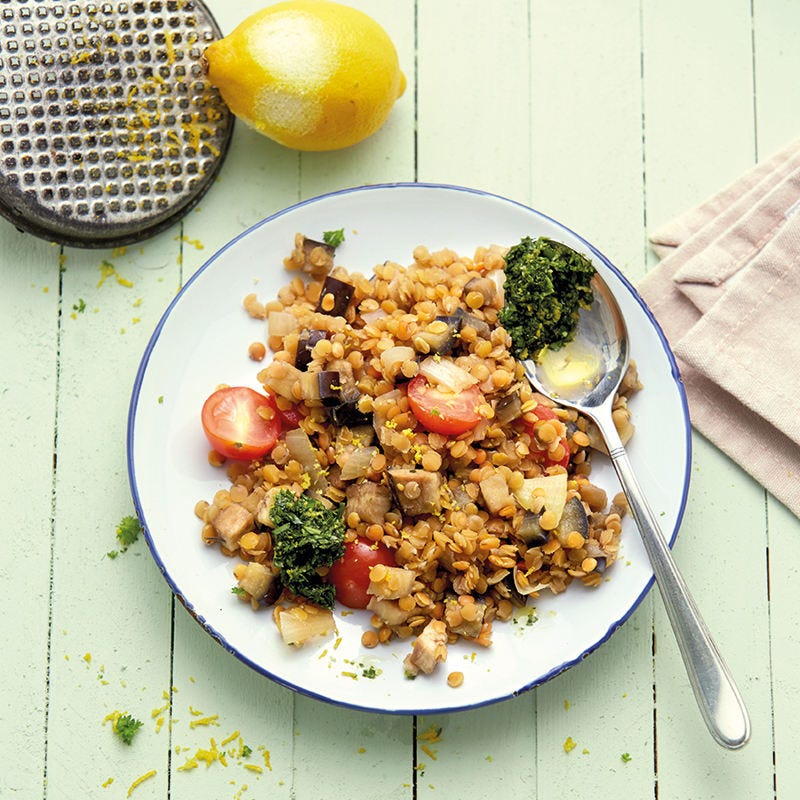 Linsen-Auberginen-Gemüse mit Pistou