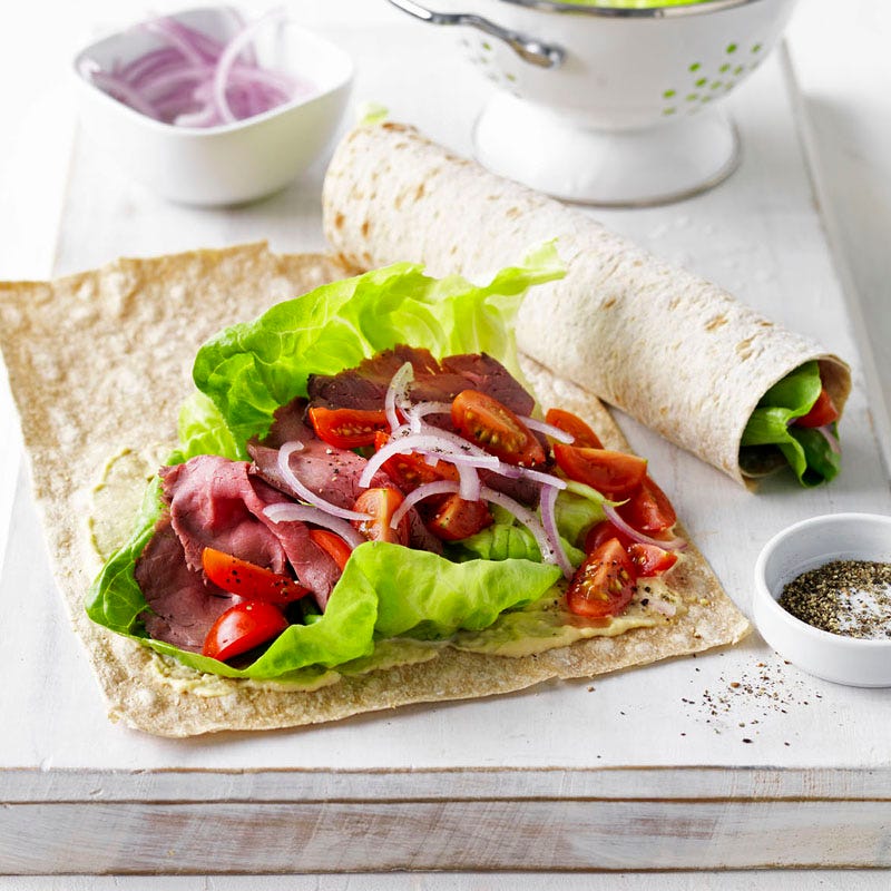 Roast beef and hummus wrap