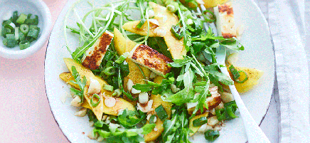 Mango, haloumi and macadamia rocket salad