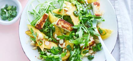 Mango, haloumi and macadamia rocket salad