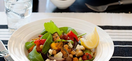 Roasted vegetables with feta and chickpeas