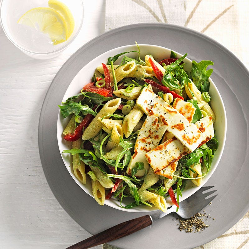 Warm pesto and haloumi pasta salad