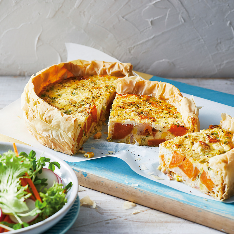Sweet potato, corn and bacon quiche