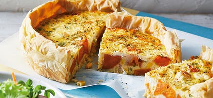 Sweet potato, corn and bacon quiche