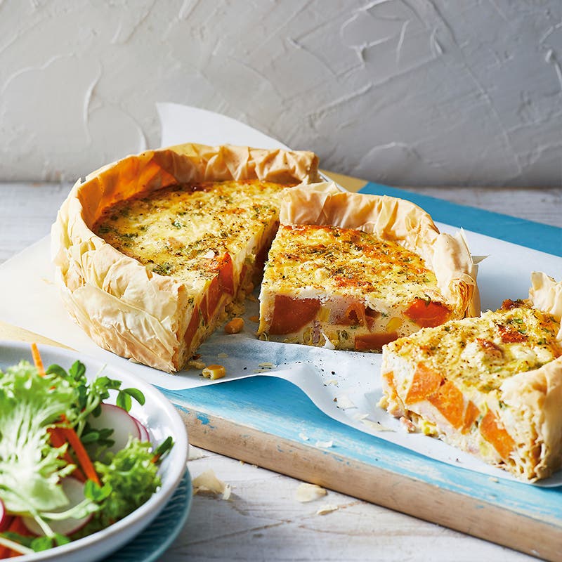 Sweet potato, corn and bacon quiche