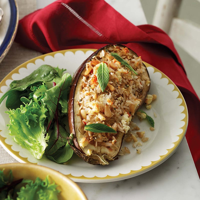Rice and feta stuffed eggplant