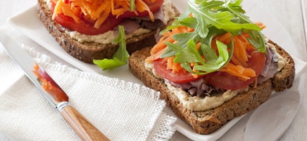 Beef, babaganoush and rocket open sandwich